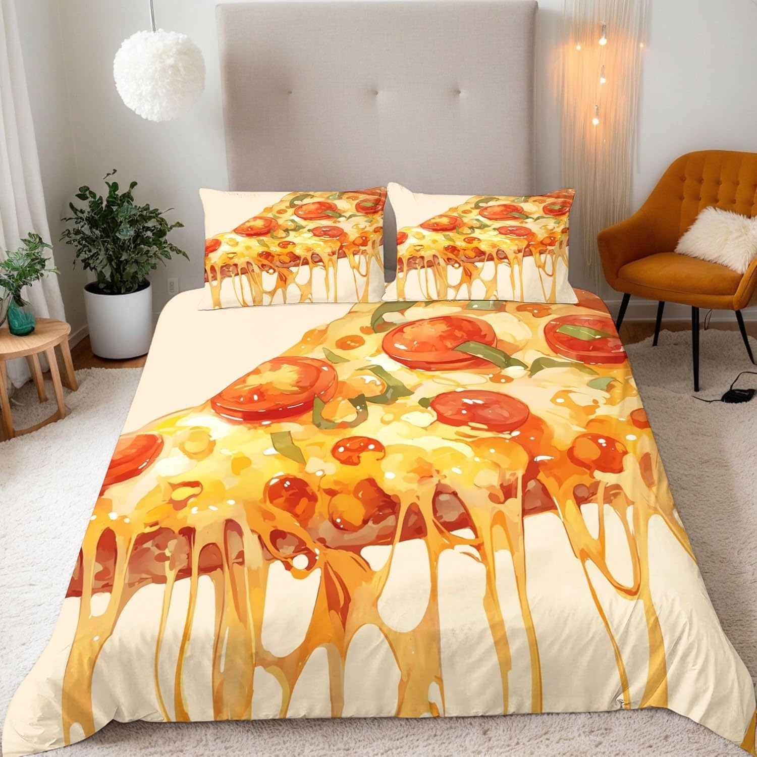 Housse de couette 200x200 cm parure lit super doux finitions cachées pizza