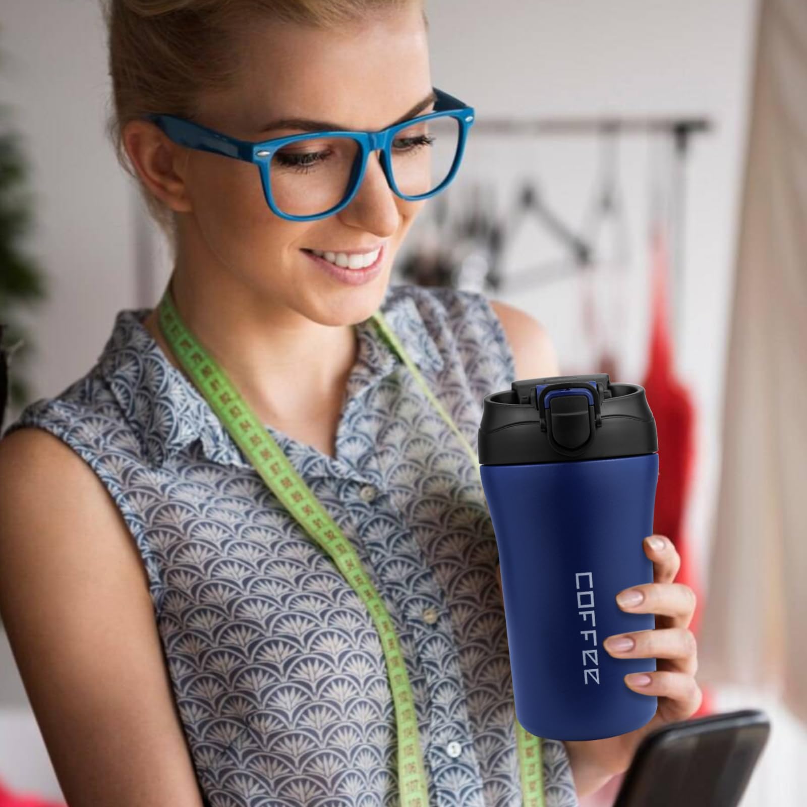 Disoza 15 Oz Insulated Travel Coffee Mug – Stainless Steel, Spill-Proof Lid, Fits Car Cup Holder, Blue - View #6