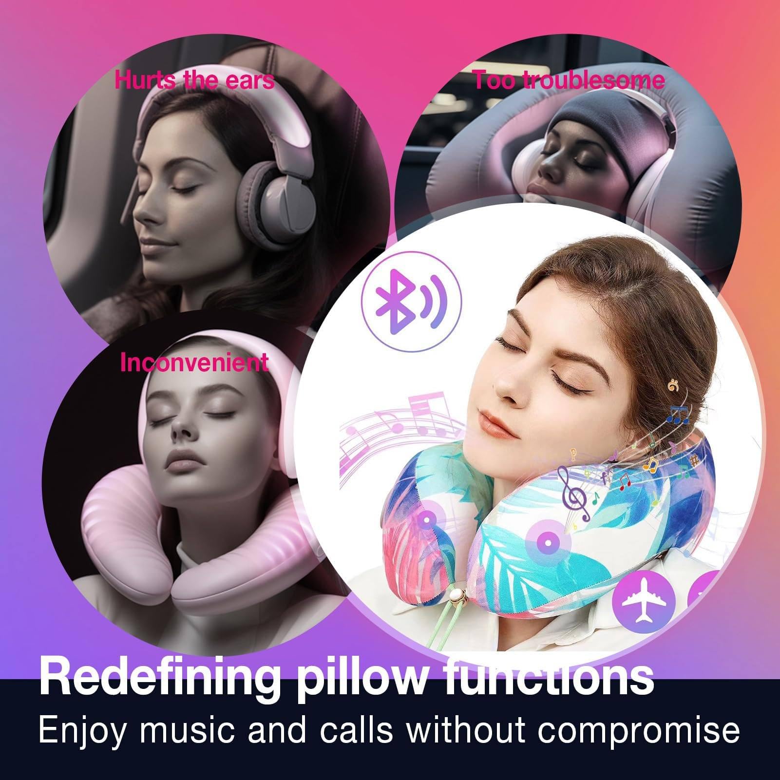 Poduszka podróżna, poduszka na szyję Bluetooth z dźwiękiem stereo 360°, wielofunkcyjna, bezprzewodowa poduszka do odpoczynku i słuchania muzyki, idealna do podróży
