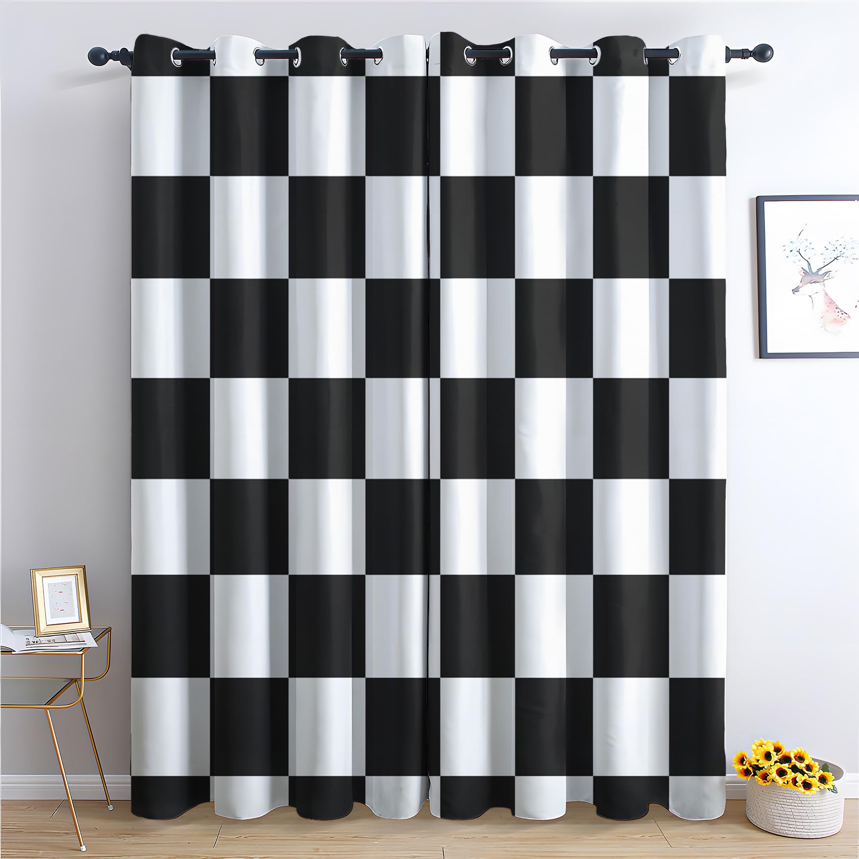 Tende termiche ometriche oscuranti bianche e nere 90 x 90 cm, per camera da letto e soggiorno, set di 2 pannelli, tendaggi per finestre con design con occhielli