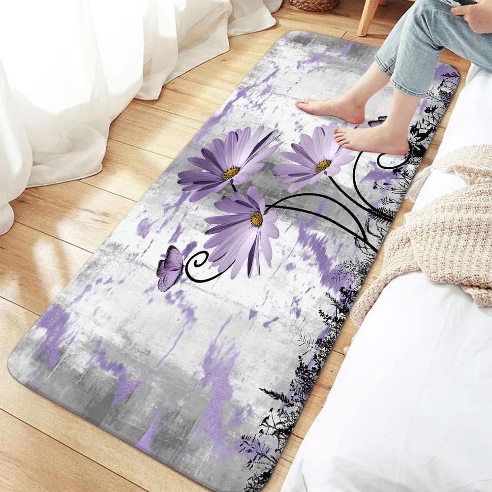 Rustic Farmhouse Bath Rug, Farm Purple Grey Daisy Floral Flowers and Butterfly on Country Wooden Bath Mat, Gray White Violet Kitchen Rug Floor Mat Soft Non Slip Runner Carpet Indoor Doormat 17X48IN