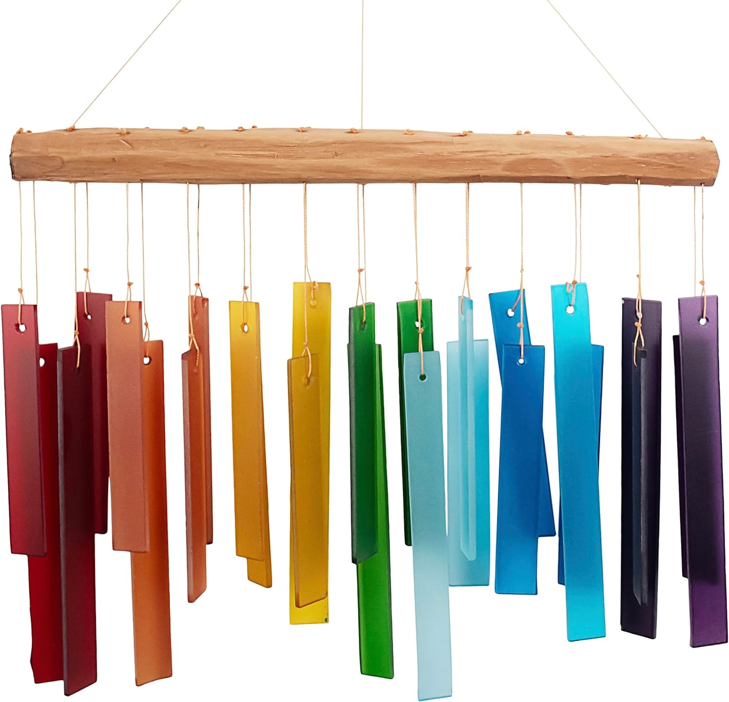 Blue Handworks Color Spectrum Glass and Driftwood Chime - Sandblasted Glass and Found Wood Hand Crafted Wind Chime