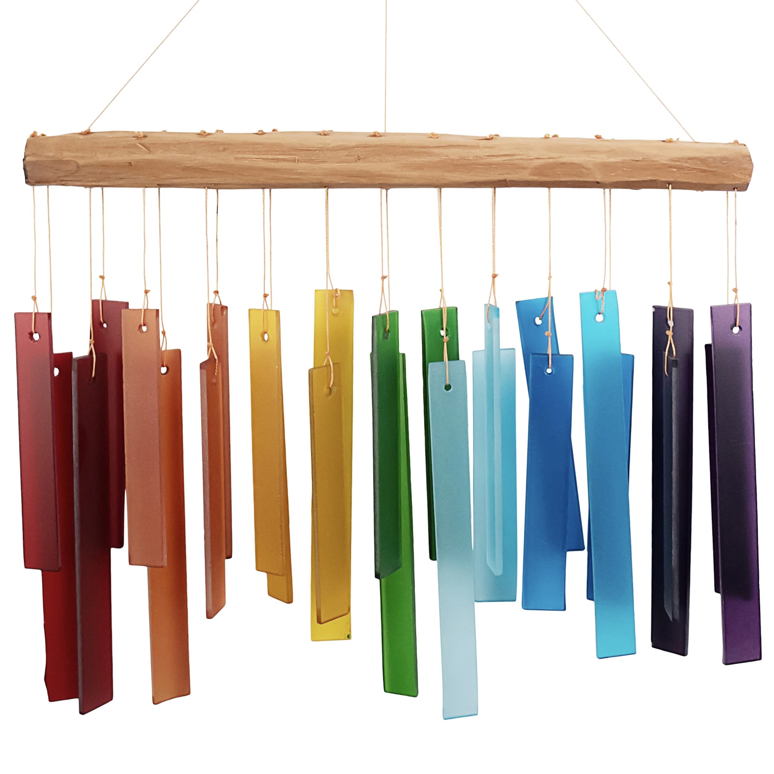 Blaues Handworks-Farbspektrum-Windspiel aus Glas und Treibholz, sandgestrahltes Glas und Fundholz, handgefertigt