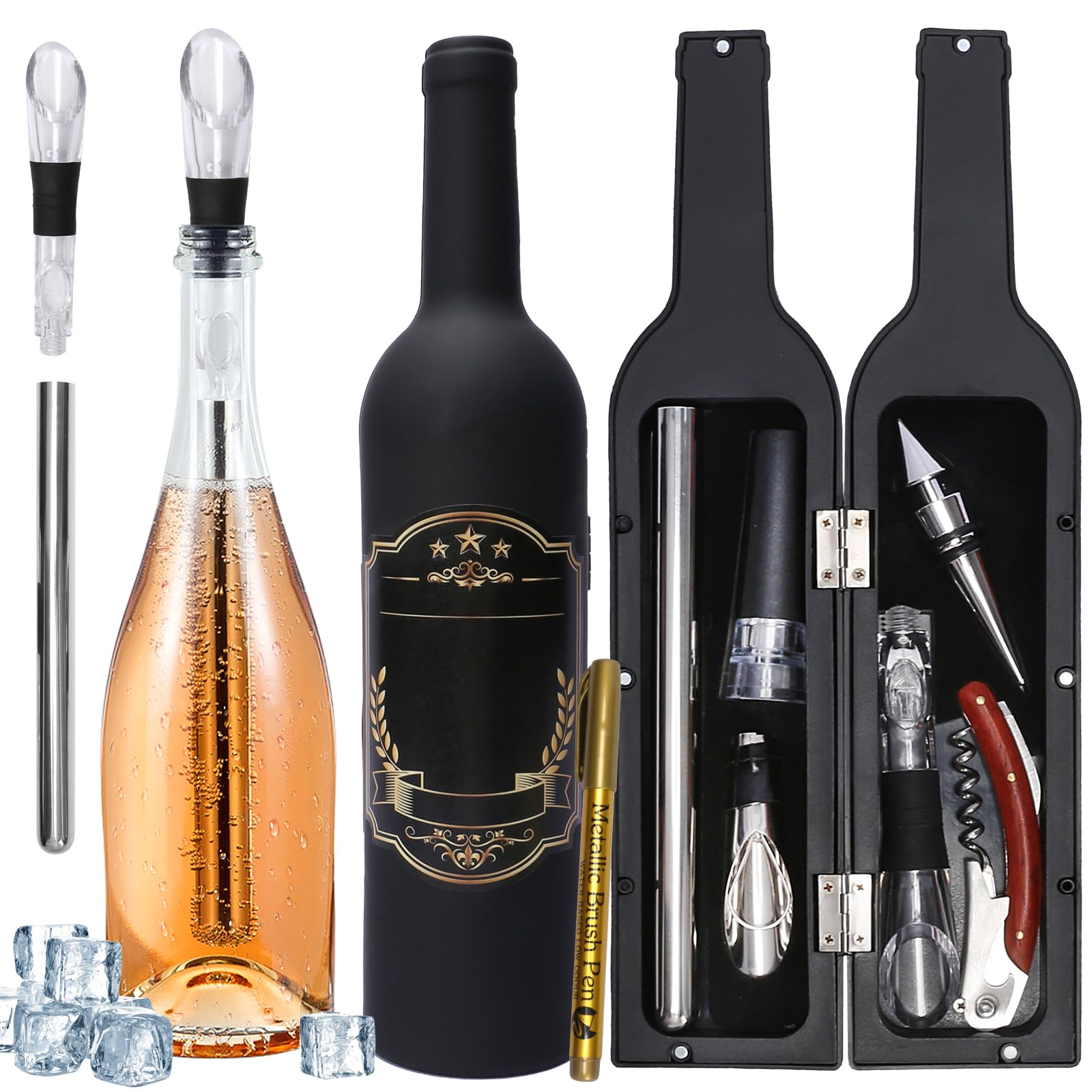 Set Da Vino 6 Pezzi In Acciaio Inox Con Custodia In Ecopelle - Cavatappi, Versatore, Tappo E Termometro - 3