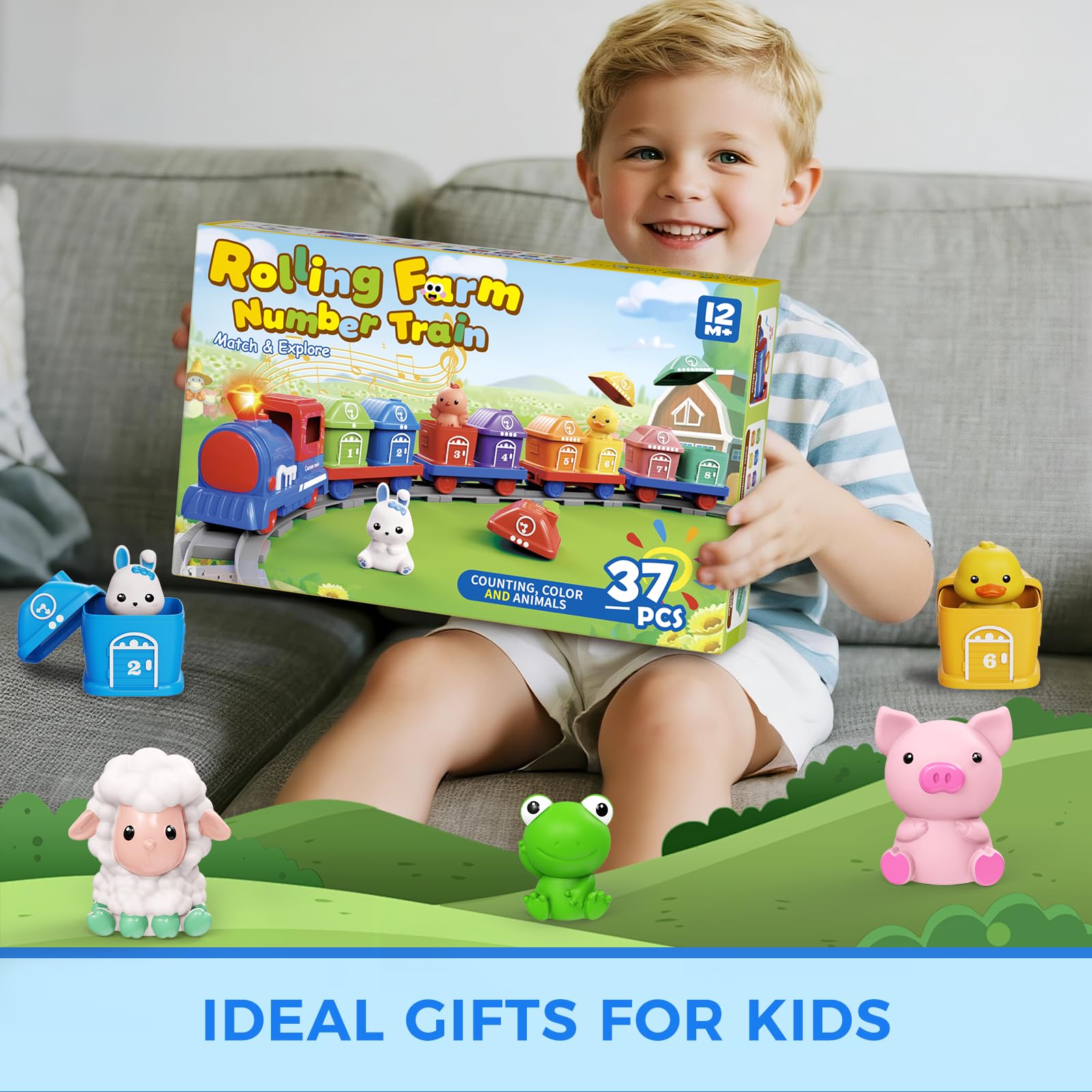 Juego de trenes para niños pequeños de 1, 2, 3, 4 años, juego de tren eléctrico Montessori con actividades de conteo de emparejamiento y clasificación con animales de granja, marionetas de dedo 5