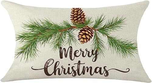 Green Pine Tree Leaves Grey Word Art Merry Christmas Home Sofa Chair Bed Decoration Lumbar Pillowcase Cotton Linen Decorative Throw Pillow Cover