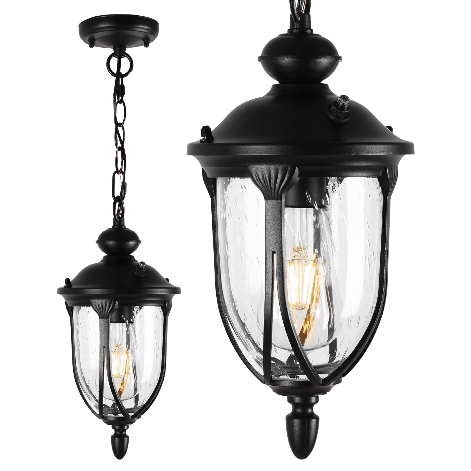 JYZ 17" Dusk to Dawn Outdoor Pendant Light, Antique Black Exterior Hanging Lantern with Seeded Glass, Anti-Rust Aluminum Waterproof Vintage Ceiling Chandelier for Porch, Entryway, Patio and Garden