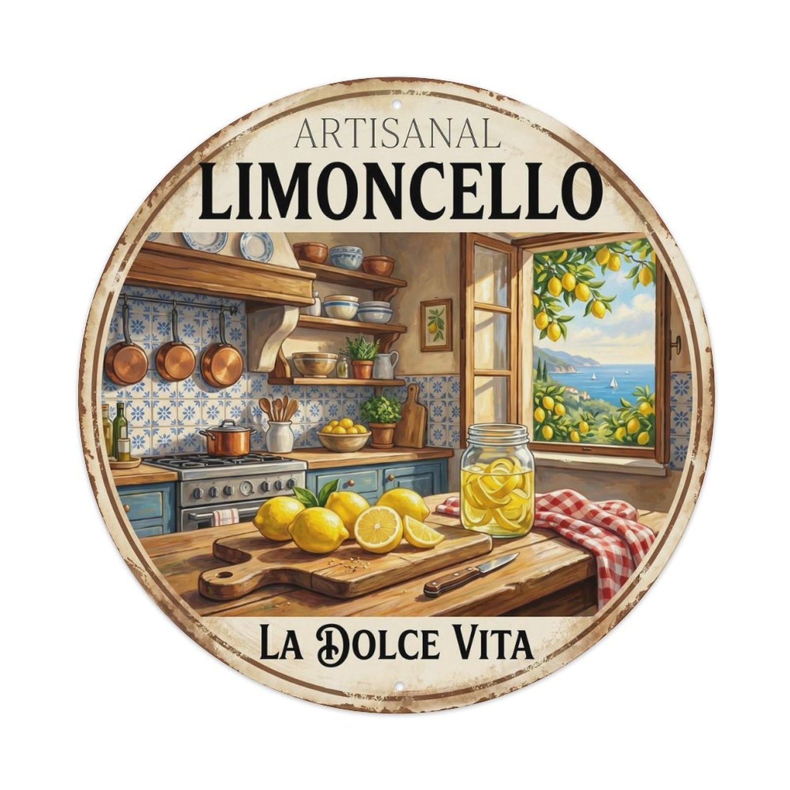 Fqcyn Style Traditional Limoncello Recipe Metal Tin Sign Plaque Wall Decor For Cafe, Club Bar, Office, Home Garden Round Metal Poster 8X8inch