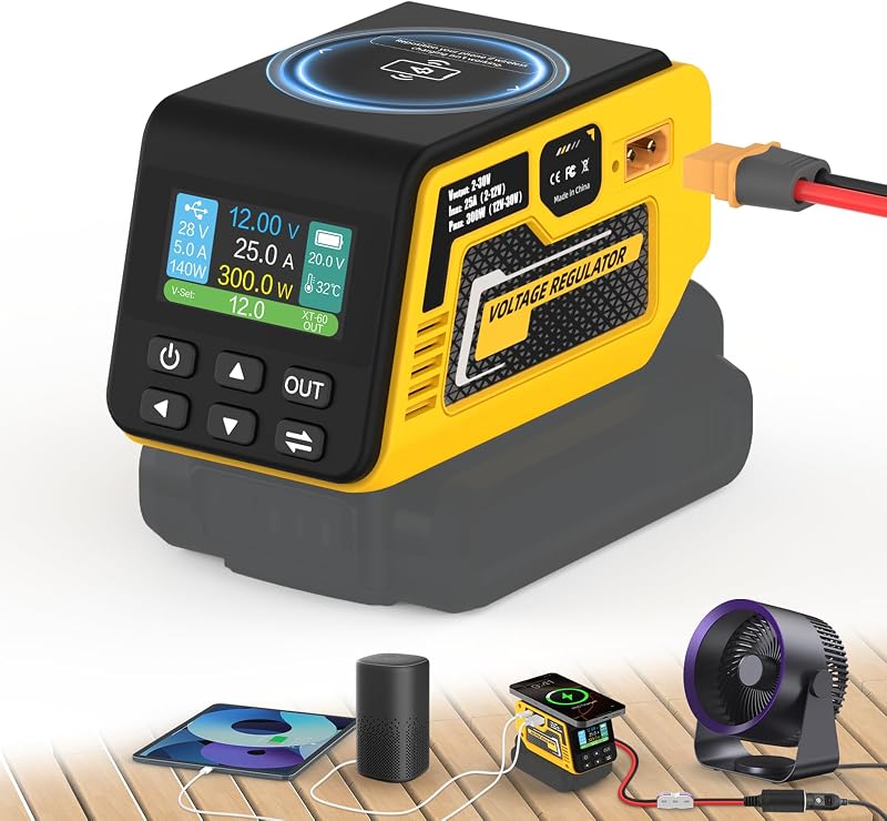 300W Voltage Regulator Compatible with Dewalt 20V Battery | Adjustable 2-30V DC Output, 18W Type-A & PD3.1 140W Type-C Fast Charging, 15W Magnetic Wireless Charger, LCD Display