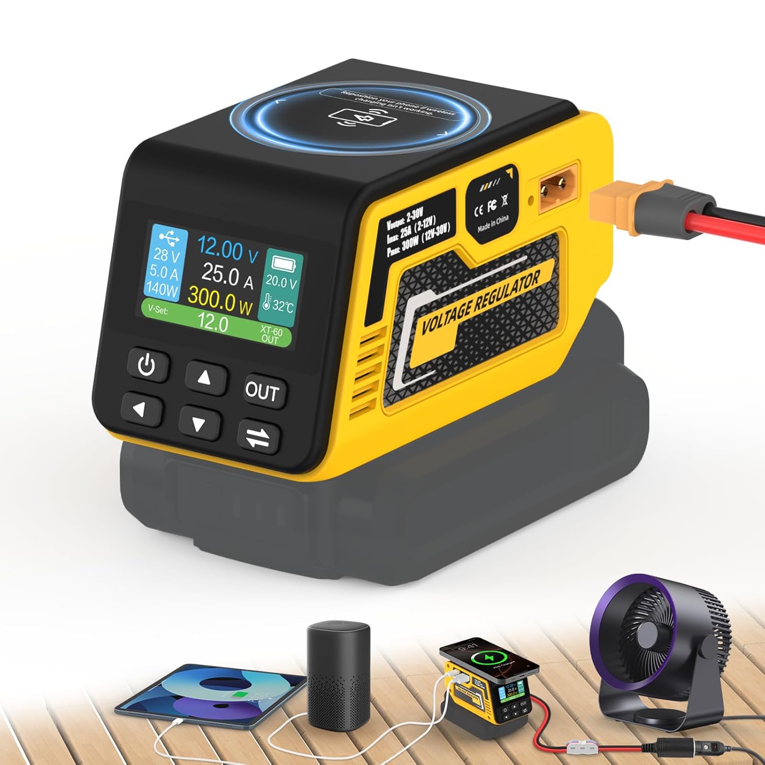 300W Adjustable Voltage Regulator Compatible with Dewalt 20V Battery, Adjustable 2-30V DC Output, 18W Type-A & PD3.1 140W Type-C Fast Charging, 15W Magnetic Wireless Charger