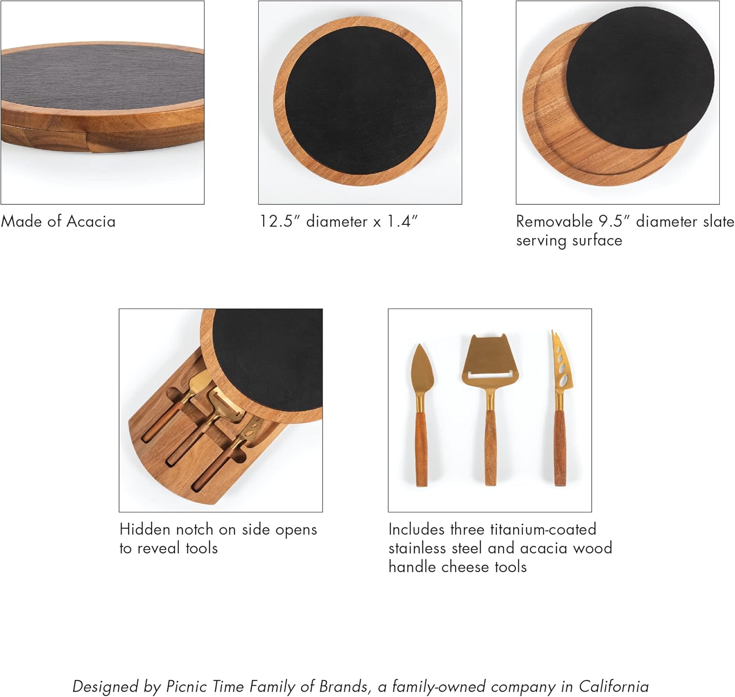 PICNIC TIME NCAA Insignia - Acacia and Slate Serving Board with Cheese Tools, (Acacia Wood & Slate Black with Gold Accents)