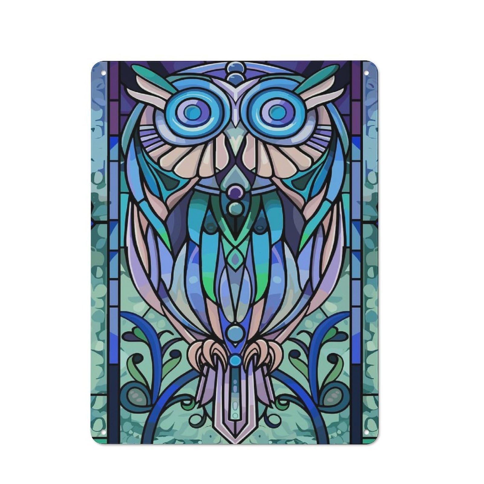 Junmoney Style Workshop Stained Glass Owl Art Decorative Metal Plaque 40X30cm, Shed Wall Plaque For Tool Room, Garage, Studio Or Home Bar