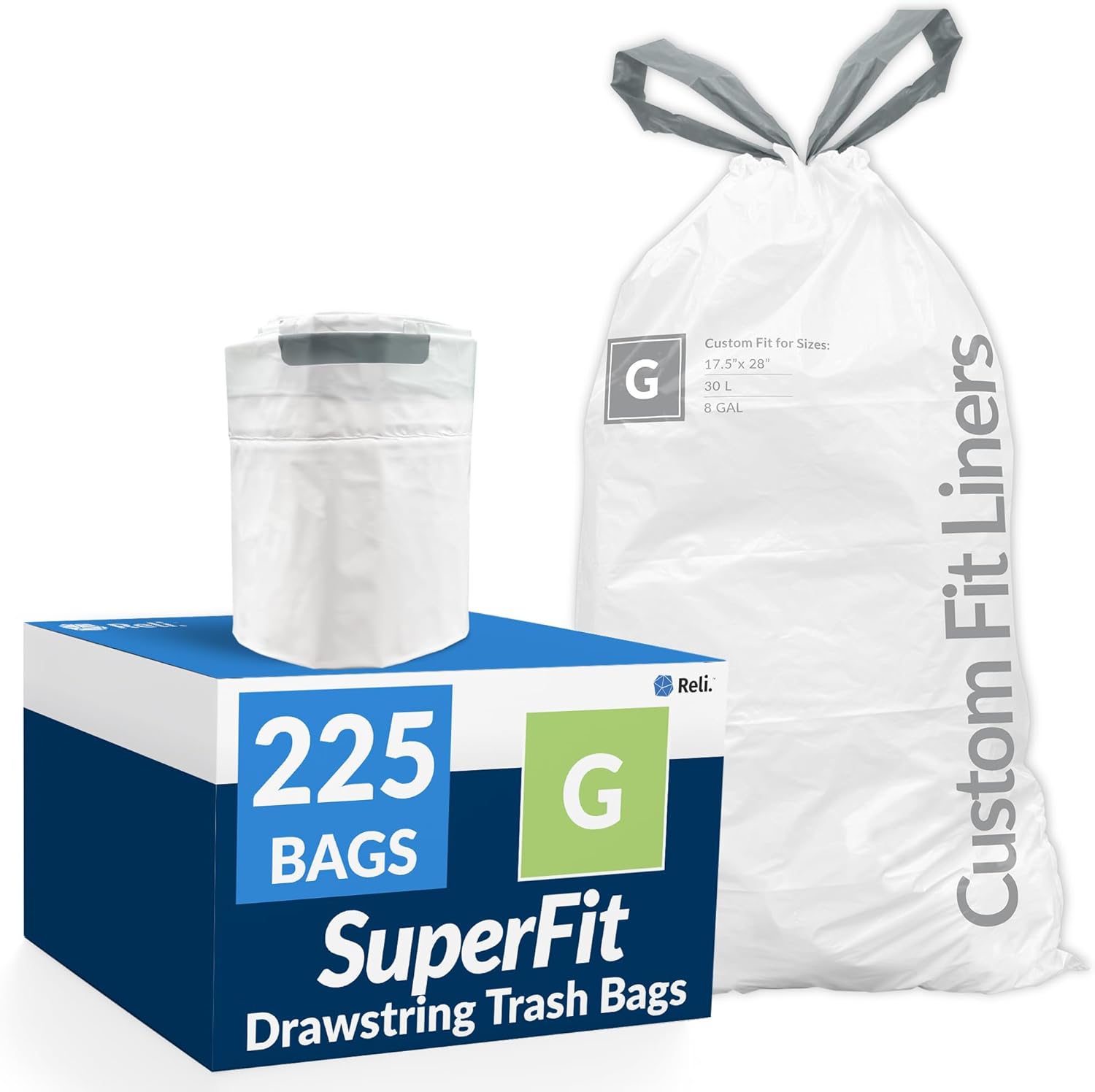Reli. SuperFit Code G (225 Count) | Compatible with Simplehuman Code G | Custom Fit Liners | Drawstring Trash Bags | 30 Liter / 8 Gallon | White | Roll Pack