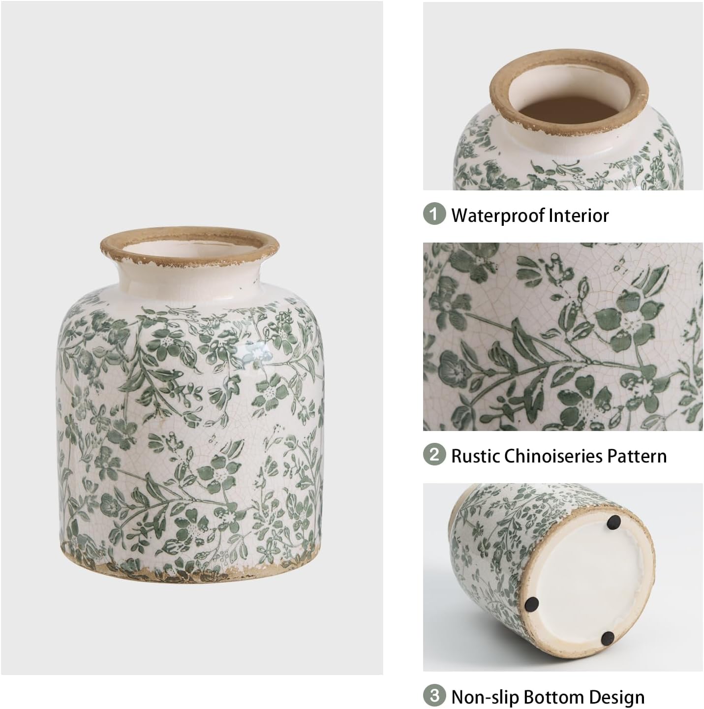 Vintage Chinoiserie Ceramic Vase, Ice Cracked Flower Vases, Hand-Painted Green Botanical Design for Living Room, Bookshelf, Office, Floral Antique Rustic Style Home Decor, 6.2 Inch