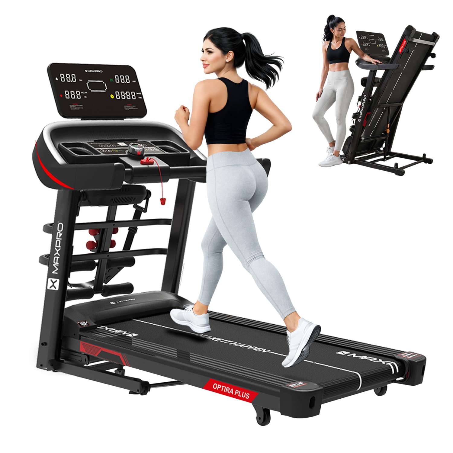 Maxpro Optira Plus 6Hp Peak BLDC Motor|18km/h Speed |16 Level Motorized Incline |Bluetooth Speaker|FitShow App |130Kg User Weight |Auto Incline Hydraulic Foldable Multifunction Treadmill for Home use-image-4