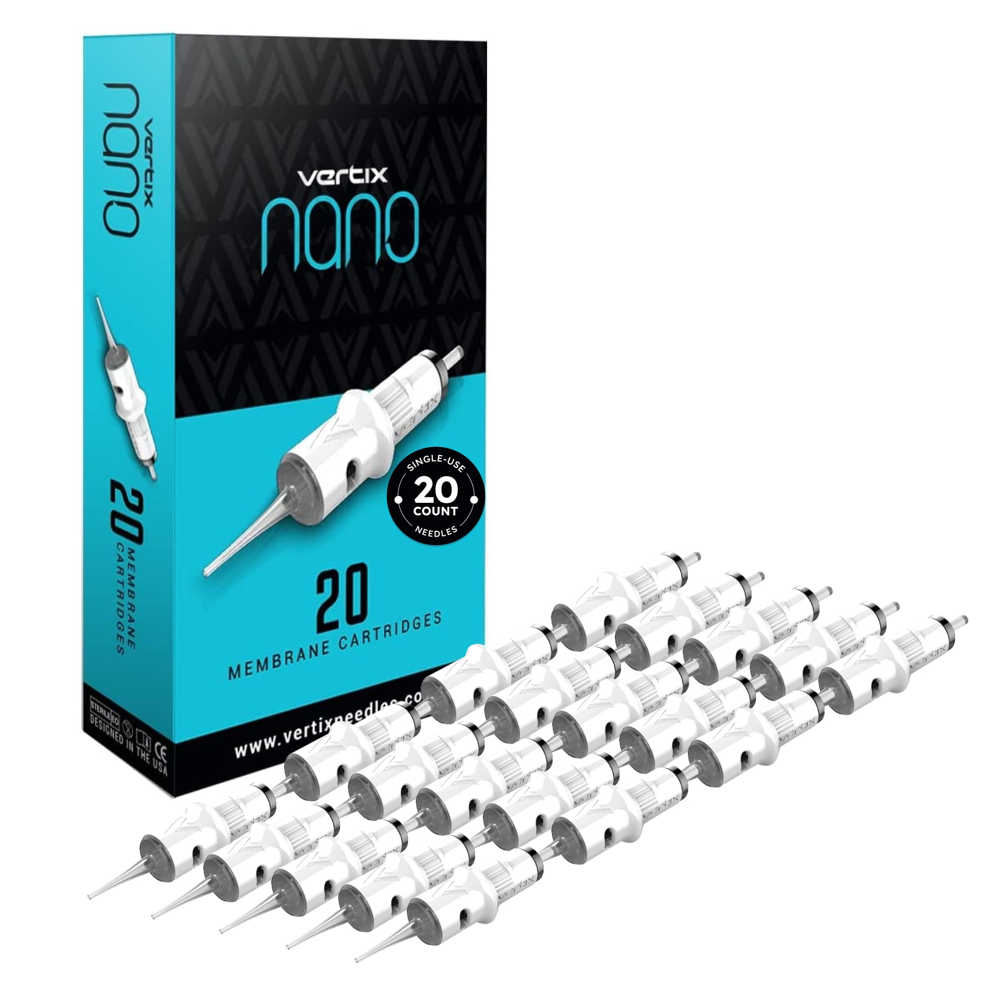 Vertix - Nano Membrane Tattoo Cartridge Needles - Taper Tattoo Needle Cartridge for Tattoo Gun - Permanent Cosmetic Application Microblading and Tattoo Supplies - 1 Liner - 0.25mm (20 Count)