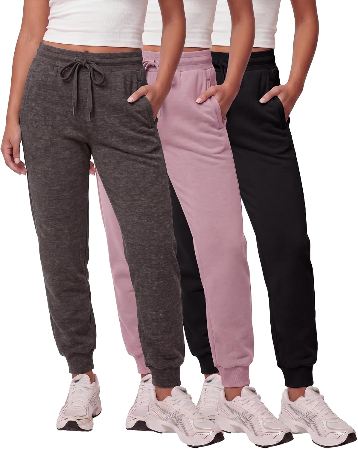 Real Essentials 3 Pack: Women's Ultra-Soft & Warm Fleece Joggers Sweatpants with Pocket (Available in Plus Size)