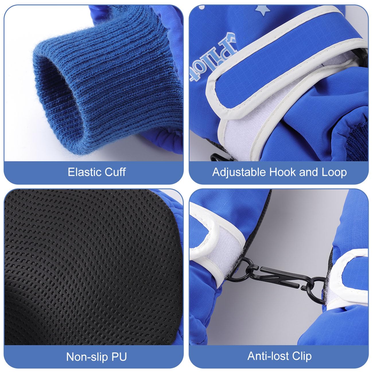 Rhino Valley Guantes de Esquí para Niños, Manoplas de Nieve Impermeables para Niños, Guantes de Invierno Cálidas con Cinta Ajustable, Guantes de Nieve para Niñas al Aire Libre y Snowboard