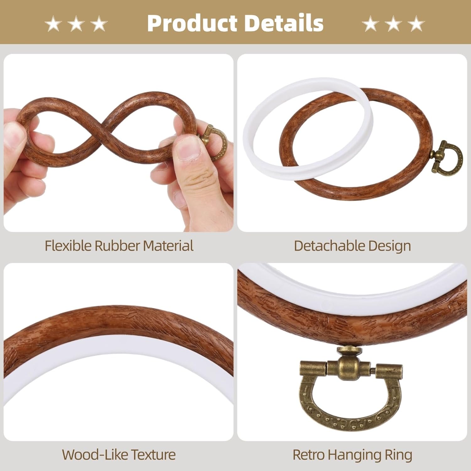 15 PCS Round Embroidery Hoops - 3.7 Inches Imitated Wood Circle Rubber Hoop Frames, Cross Stitch Ornament Hoop Ring, Hanging Wood-Like Frame for DIY Embroidery Art Craft Sewing
