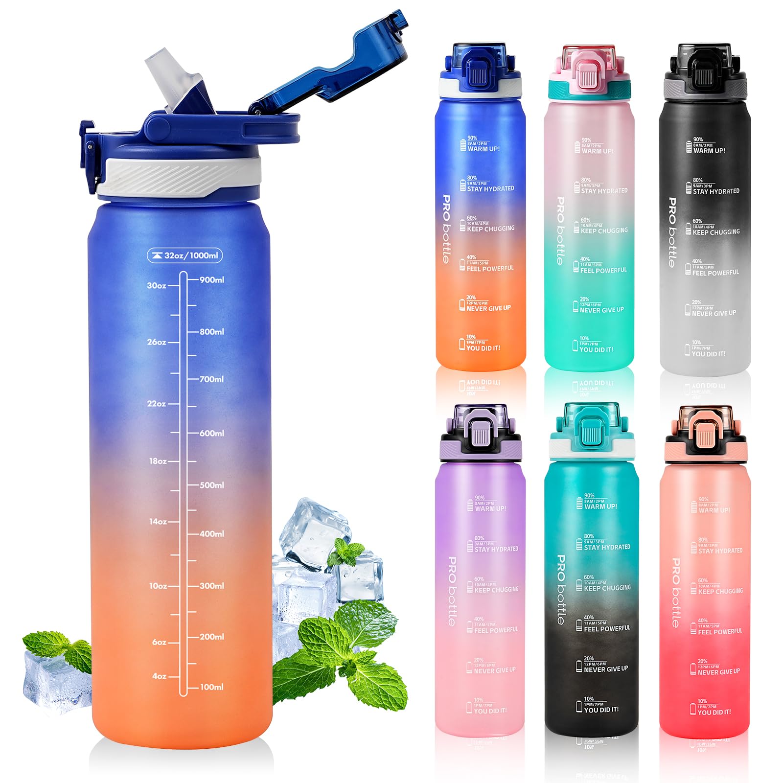 SEASEVEN Sports 1L Water Bottle with Straw,Plastic Drinks Bottle,1 Litre Water Bottles with Time Markings,Waterbottle Leak Proof-Bpa-Free for Gym,School, Office,Travel (Blue Orange) — image 1
