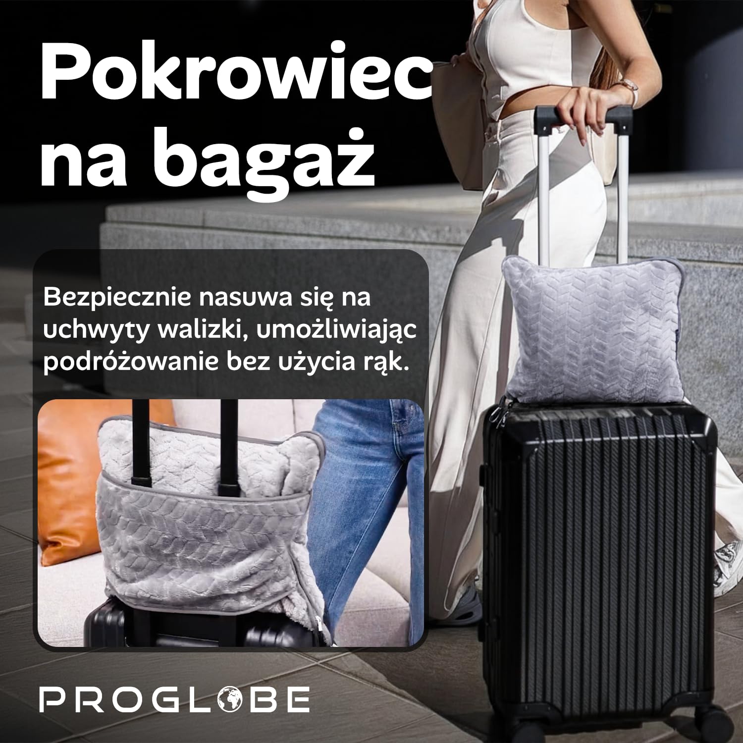 Proglobe Miękki i ciepły koc podróżny do samolotu i samochodu - niezbędny na długie loty dla kobiet, mężczyzn, dzieci - kompaktowa poduszka z pokrowcem na bagaż i klipsem do plecaka, szary