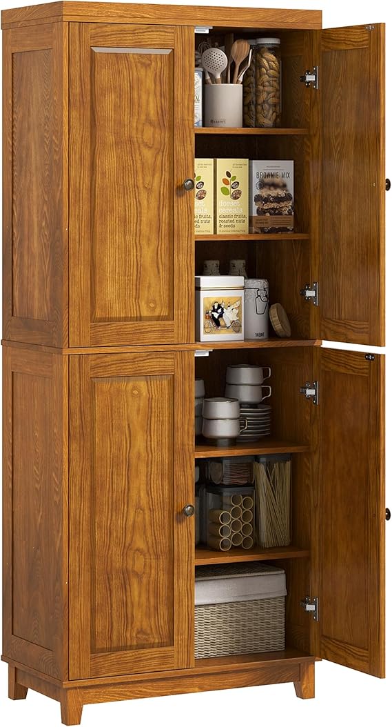 HOMCOM 72.5" Kitchen Pantry Storage Cabinet, Freestanding Kitchen Cupboard with 4 Doors and Adjustable Shelves for Dining Room, Pine Mahogany