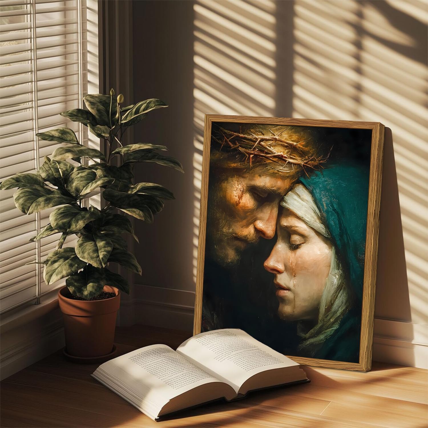 Framed Jesus and Virgin Mary Embrace Wall Art, Christian Wall Decor Paintings, Catholic Religious Pictures Canvas Prints for Home Living Room Bedroom Church Prayer Room 12x16 inch