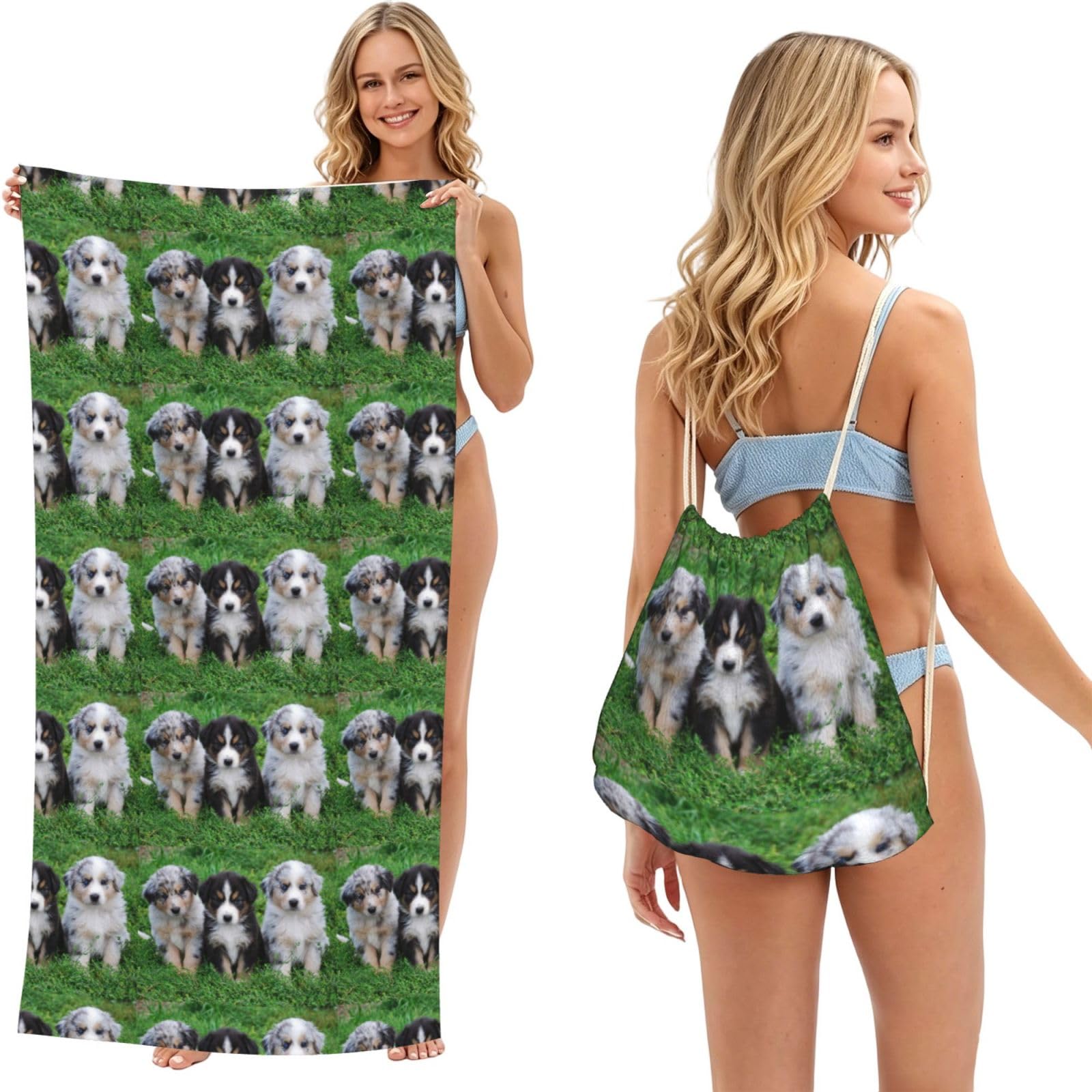 Poadnly As Picture Australian Shepherd, 2 In 1 Packable Towel Bag, Beach Towels With Drawstring Backpack For Travel Holiday Camping