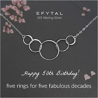 EFYTAL Cool Gifts for 50 Year Old Woman, Sterling Silver or Silver Plated 5 Circle Necklace, 50th Birthday Gifts For Women, Gifts for 50 Year Old Woman, 50th Birthday Decorations Women