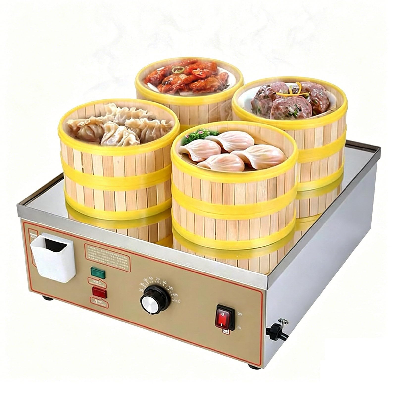 Vaporiera per Dim Sum a 4 Fori, Scaldavivande Elettrico a Vapore con Allarme Anti-Bollitura a Secco/Mancanza d’Acqua, Temperatura Regolabile 30-110°C, per Pasticcerie e Negozi di Colazioni
