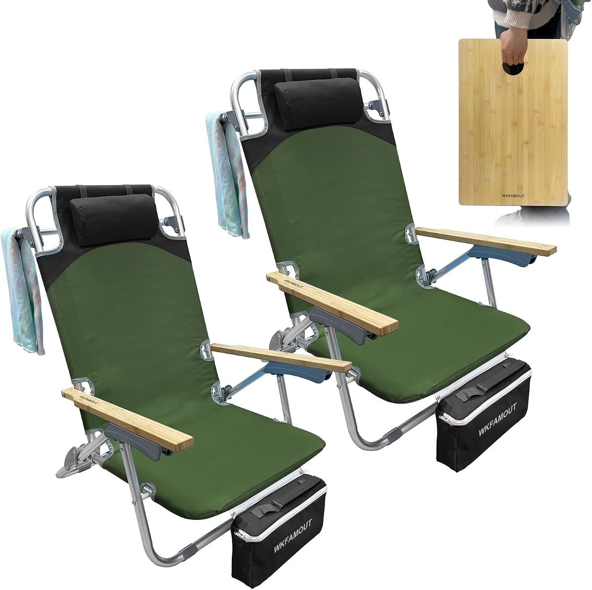 2 Pack Low Backpack Beach Chair with Folding Bamboo Table for Adults, 5-Position Lay Flat Reclining Chair Lightweight with Cooler Bag Supports 265 lbs