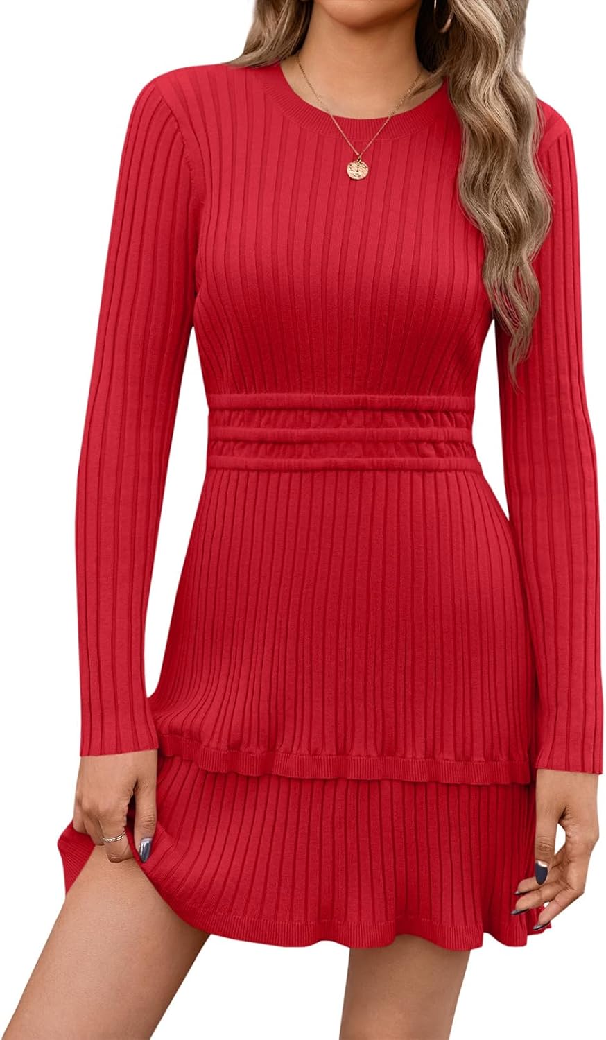 Wenrine Womens Long Sleeve Sweater Dress Casual Ribbed Knit Crewneck A Line Slim Fit Tiered Fall Mini Dresses