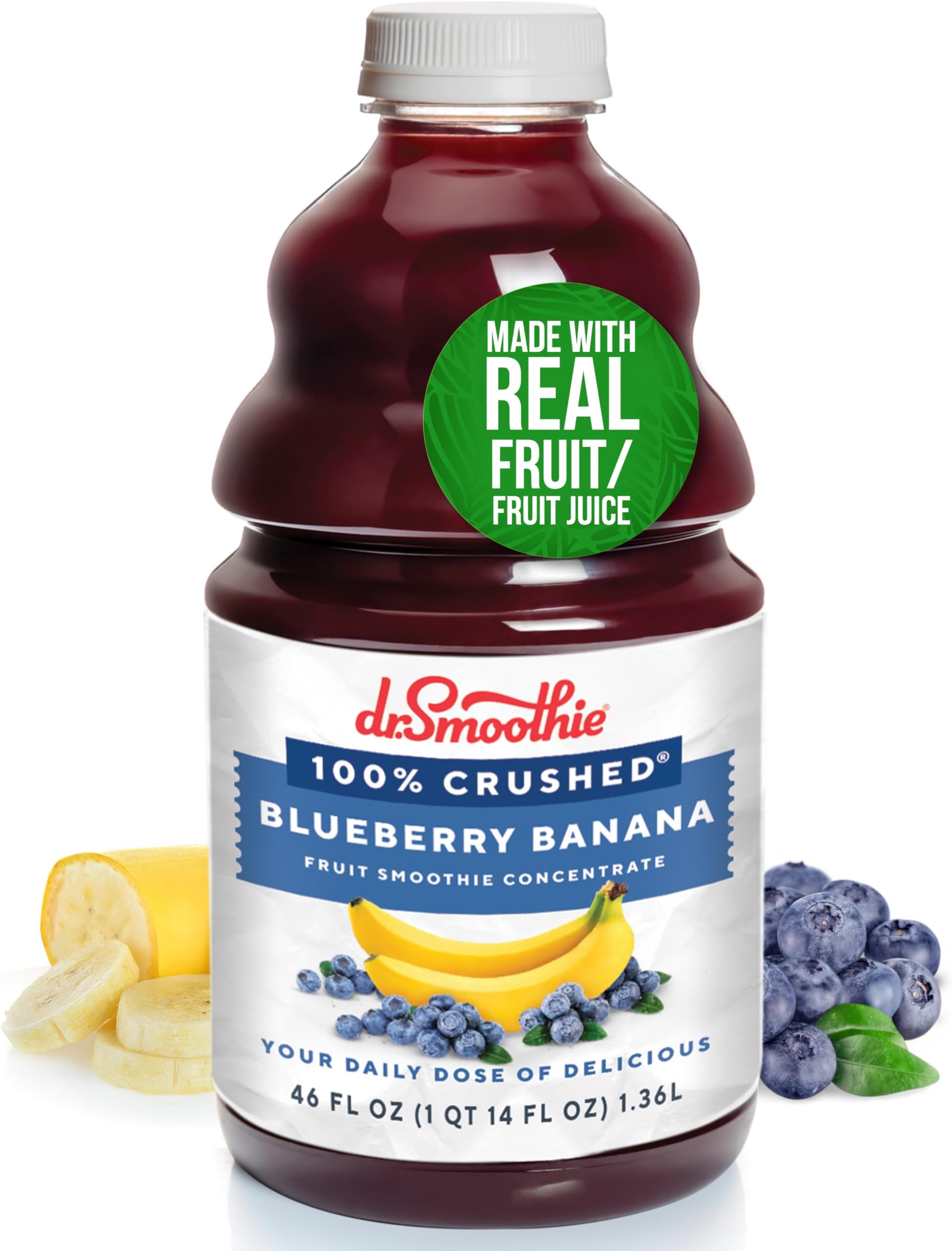Dr. Smoothie 100% Crushed Blueberry Banana – No Added Sugar, Made with Real Fruits/Fruit Juice – Vegan, No Artificial Colors or Flavors – Ripe Blueberries & Creamy Banana – 46 oz Bottle