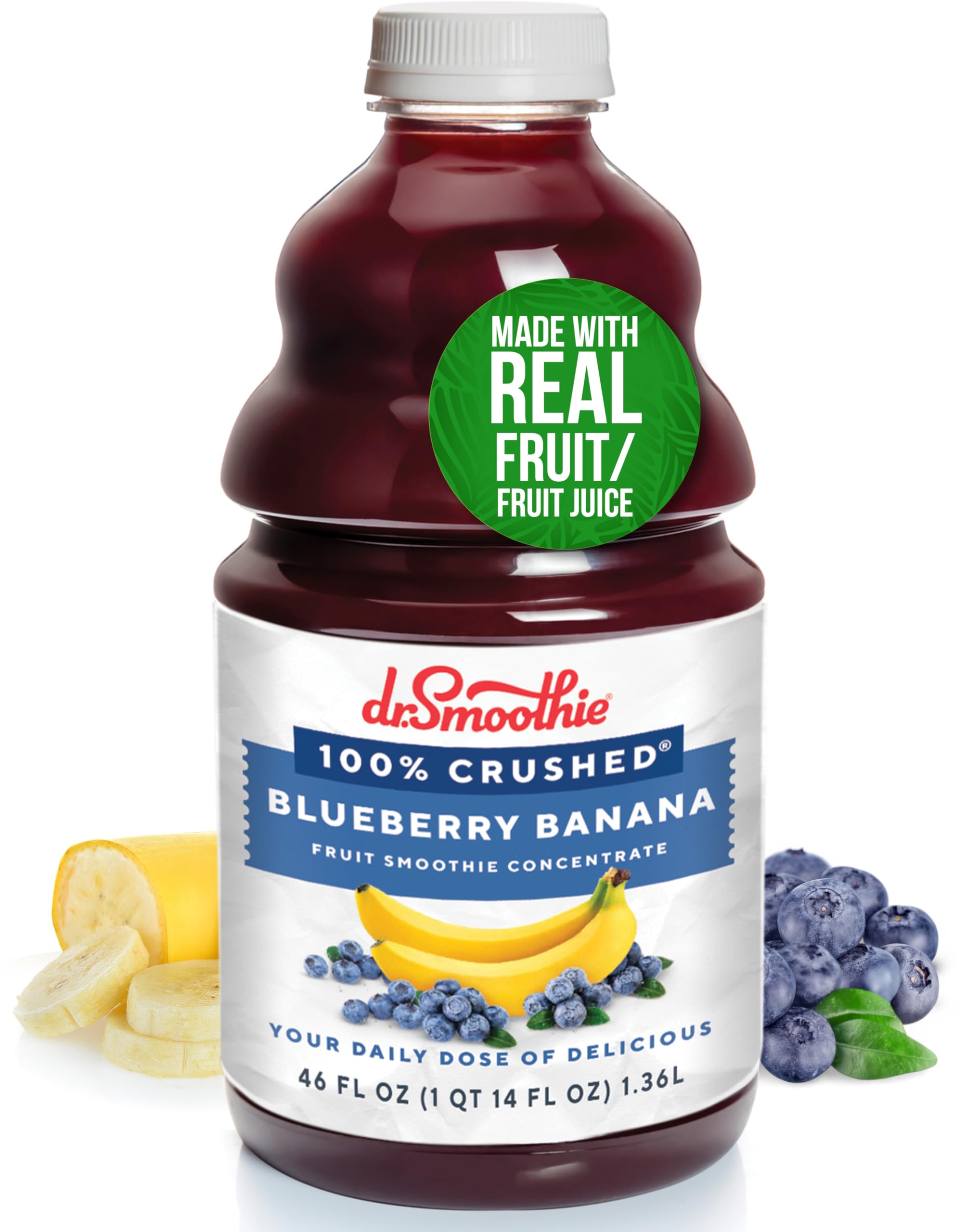 Dr. Smoothie 100% Crushed Blueberry Banana – No Added Sugar, Made with Real Fruits/Fruit Juice – Vegan, No Artificial Colors or Flavors – Ripe Blueberries & Creamy Banana – 46 oz Bottle