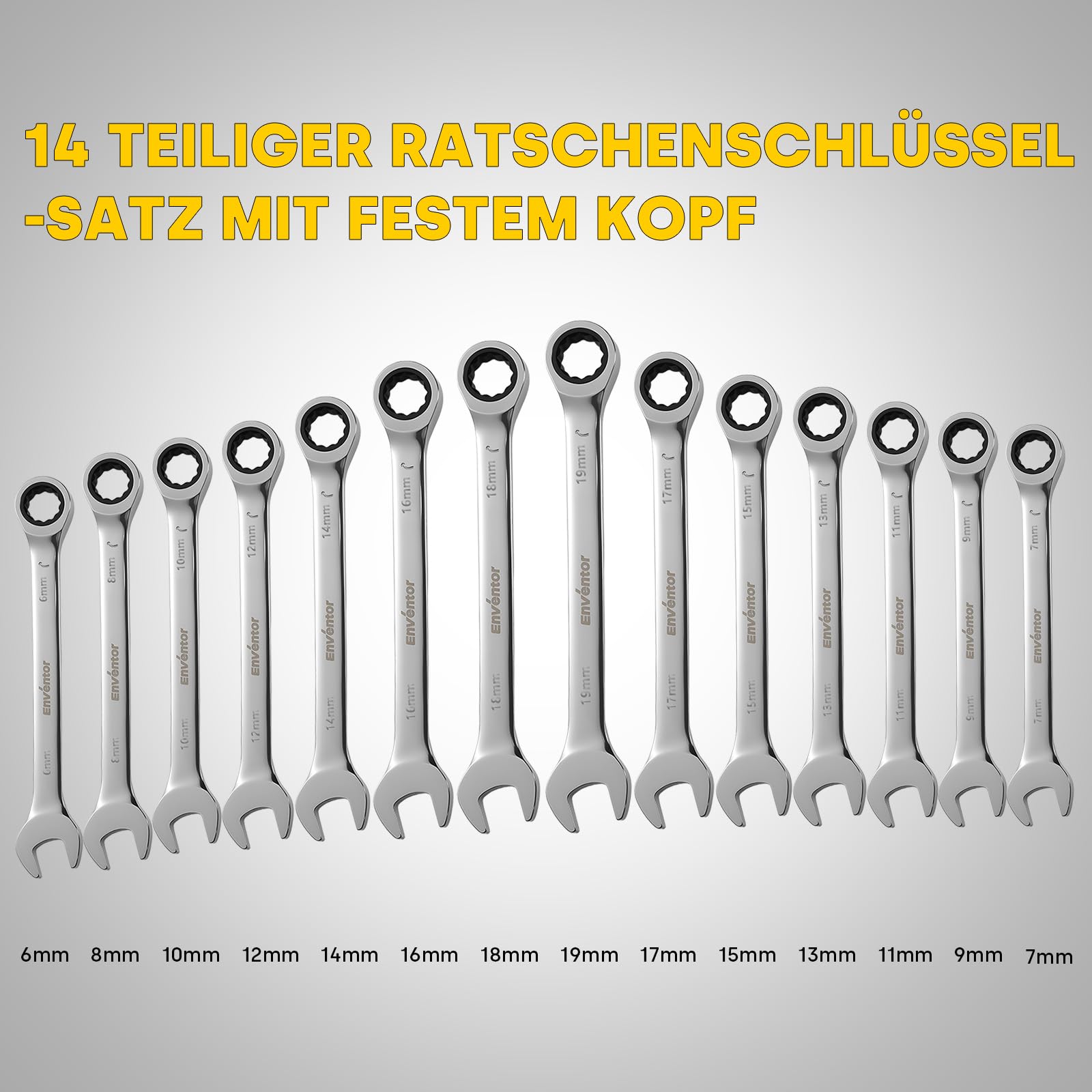 Enventor 14-Tlg Ratschenschlüssel Set, 90 Zähne,5° Schwenkradius–metrisch, 6mm bis 19mm, Ratschen-Kombinationsschlüsselsatz mit Tragetasche, Chrom-Vanadium-Stahl, Schwarz vernickelt