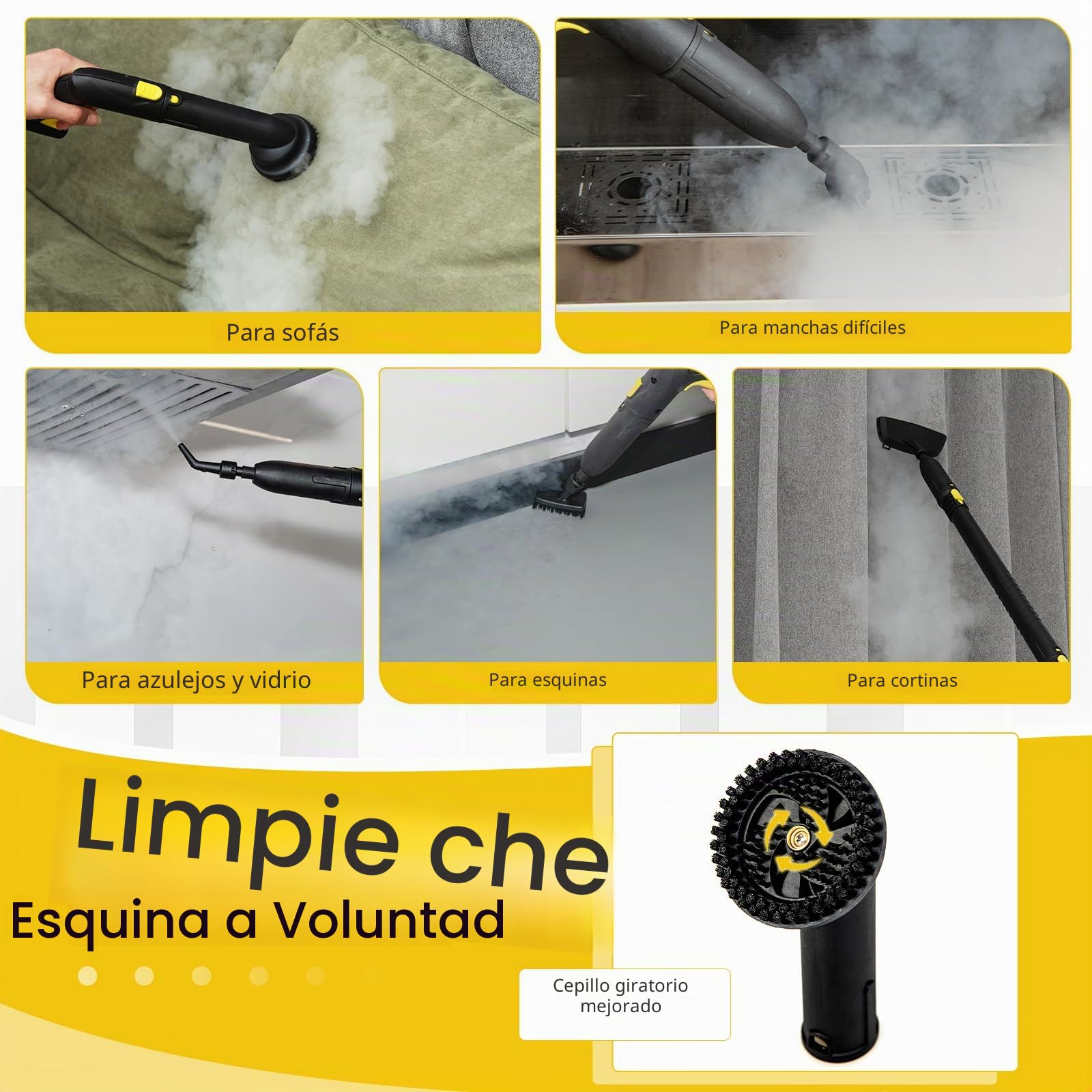 RELAX4LIFE Limpiador de vapor de alta presión 2000 W | 1,8 L Tanque de agua | 5 Bar |13 Accesorios versátiles, Limpiador de vapor para sofá, alfombra, cristal, cristal(amarillo | más+)