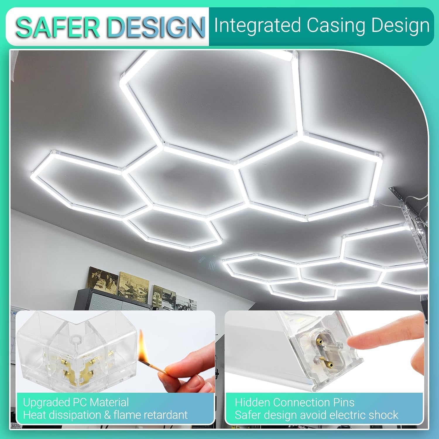 Hexagon LED Light 6500 K, blanc lumière du jour, 11 Grid – Éclairage parfait pour garage, entretien automobile, salon de coiffure, studio de tatouage – Éclairage LED haut de gamme pour garage