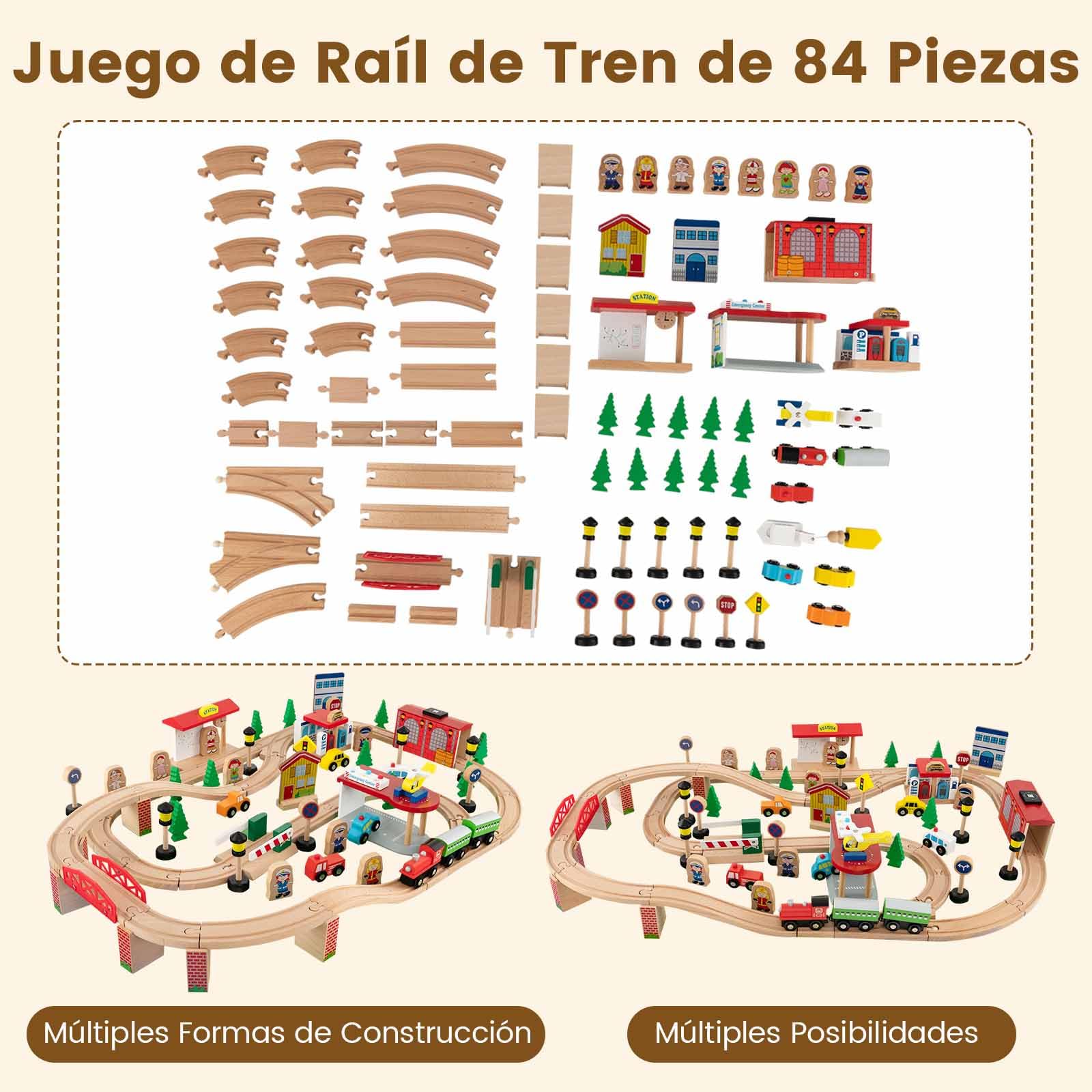 COSTWAY Mesa de Juegos de Tren de Madera, 84 Piezas, Cajón de Almacenamiento, Circuito de Tren de Madera Maciza para Niños y Niñas 3+ Años, 97 x 62,5 x 39,5 cm, Natural (84 Piezas)