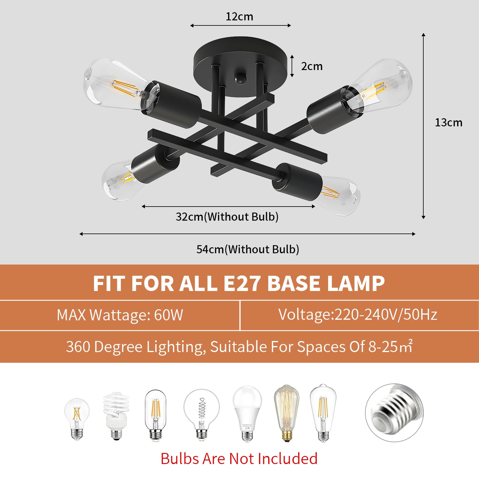 OTREN Lampada da Soffitto Vintage, 4 Fiamme Plafoniera Retrò E27 Lampadario Industriali per Soggiorno Camera da Letto Cucina Sala da Pranzo, Nero(Senza Lampadina)