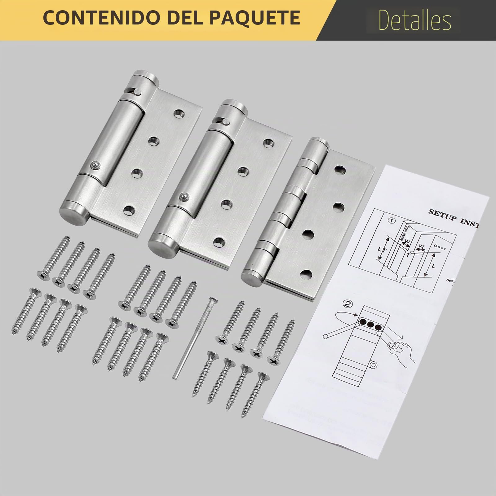 AMTOVL Bisagras para Puerta 4” 3PCs Bisagras de Acero Inoxidable con Resorte Ajustable Soporta Hasta 35KG Bisagras Plegables 100mm x 76mm x 3mm con Tornillos de Montaje para Mueble Puerta de Fuego