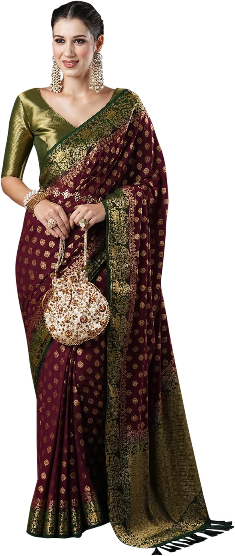 AKHILAM レディース バーガンディ ウーブン デザイン ジョーゼット サリー ステッチなし ブラウスピース バーガンディ ワンサイズ, バーガンディ, One Size