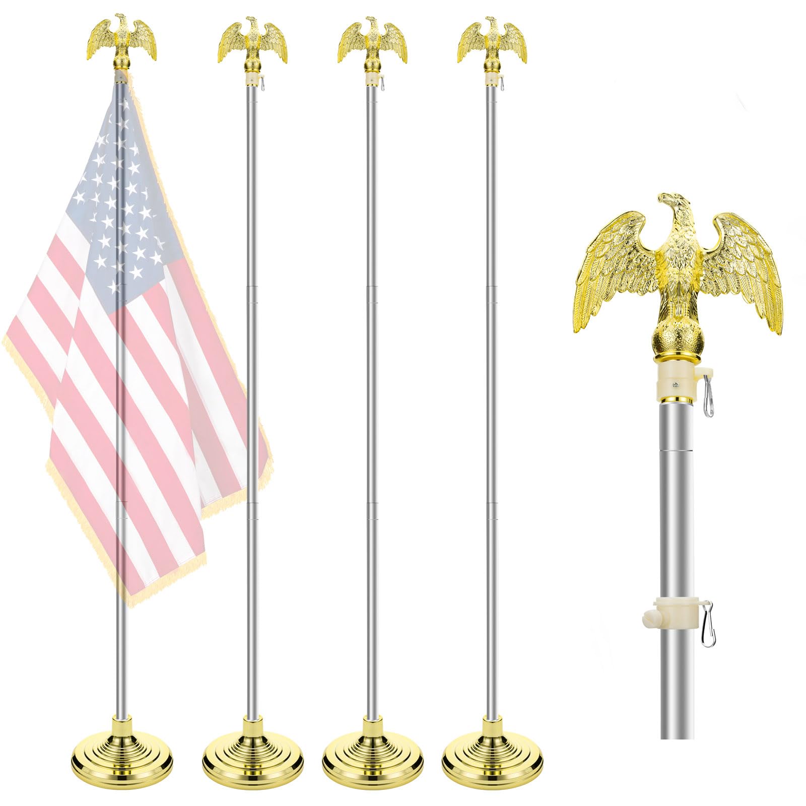 Photo 1 of 4 Pack 8FT Indoor Flagpole Kit, Deluxe Sliver Telescoping Flagpole with Base Set, Premium Aluminum Pole, Eagle Topper, ABS Plastic Base Stand for Schools, Churches, Meeting Decor(Not Include Flag) 4 Pack Sliver Indoor Flagpole Kit