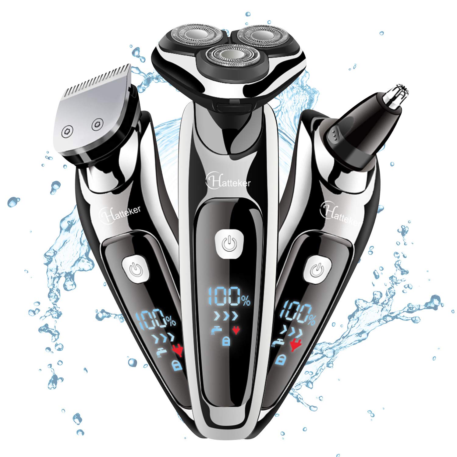 HATTEKER Mens Electric Shaver Razor Beard Trimmer Rotary Shaver Cordless Sideburn Trimmer Nose Trimmer Wet Dry Shaver Waterproof USB Rechargeable 3 in 1