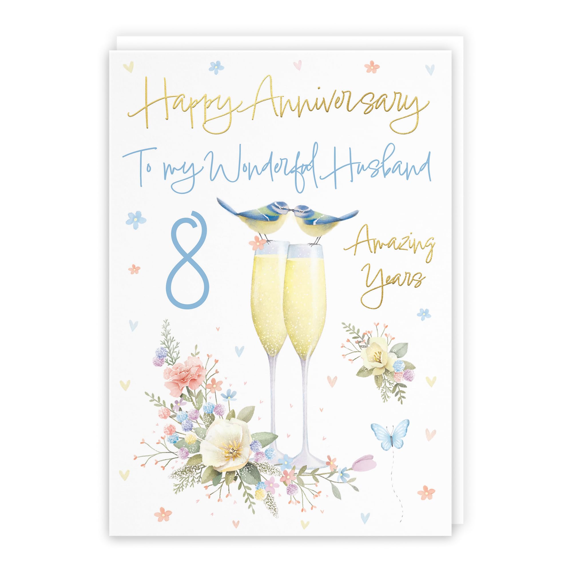 Hunts England, Husband 8th Anniversary Card, A5 Size, Champagne Flutes, Gold Foil, Luxury 8th Anniversary Card For Husband