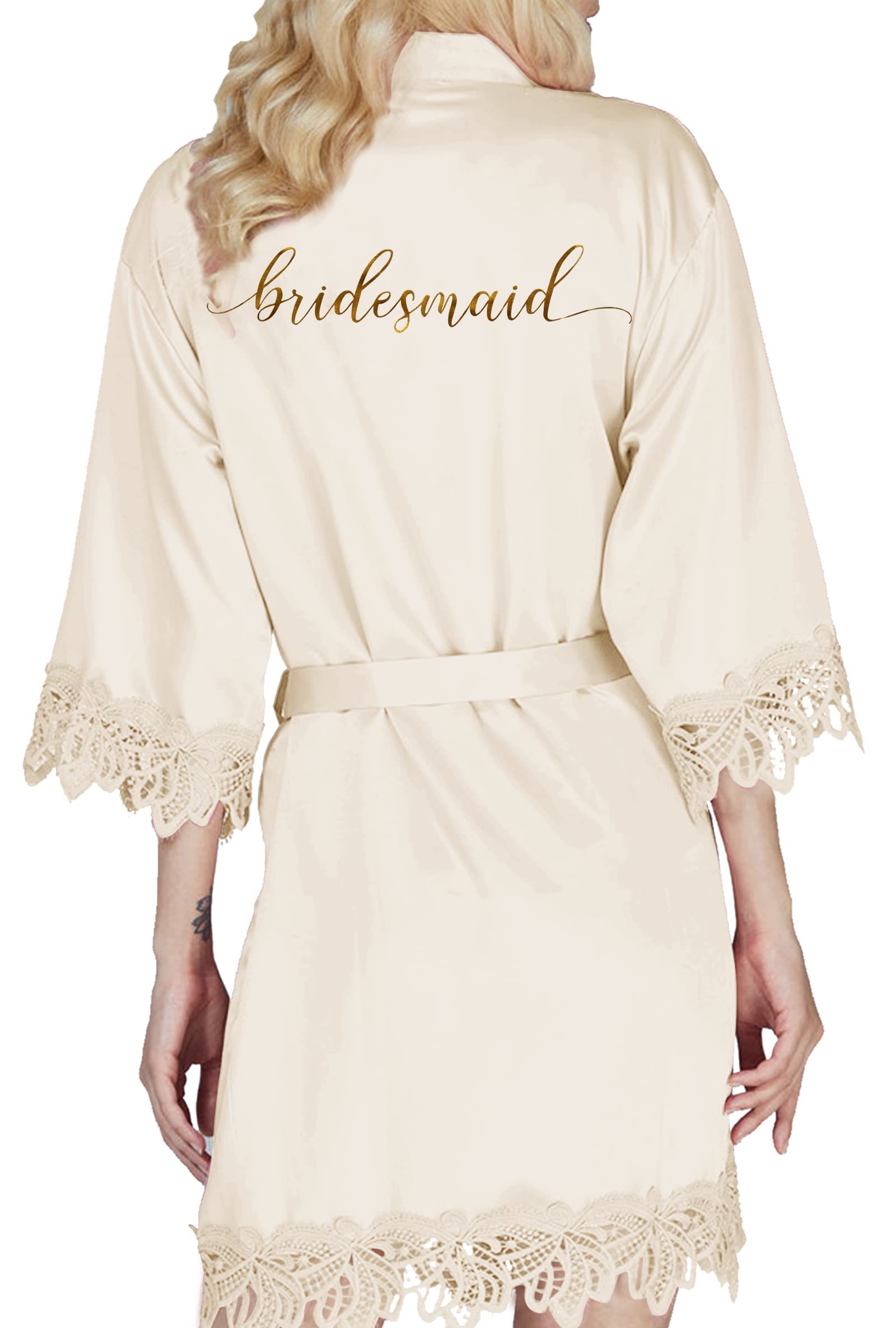 Y Wjing Yi Jia Women's Champagne-B Bride Robes - Satin Silk Kimono Bridesmaid Morning Robes With Lace Trim For Wedding Party