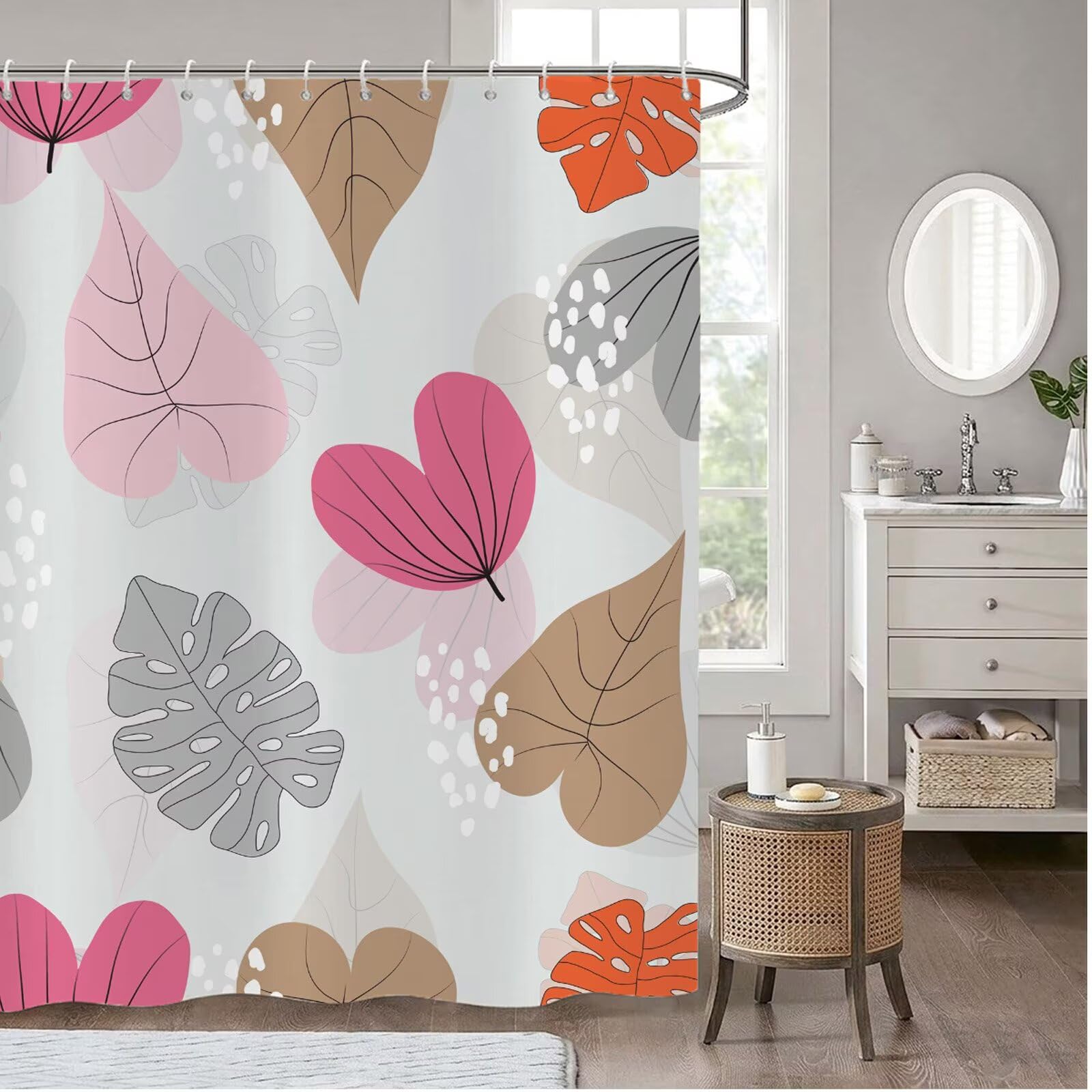 Duschvorhang 240x180 cm Grau Shower Curtains Blatt mit Gewicht und 12 Plastik Haken, Anti Schimmel Wasserdicht, Waschbar Schnelltrocknender Polyester Stoff, Dekorative Vorhang für Bad Badewanne 6H-285