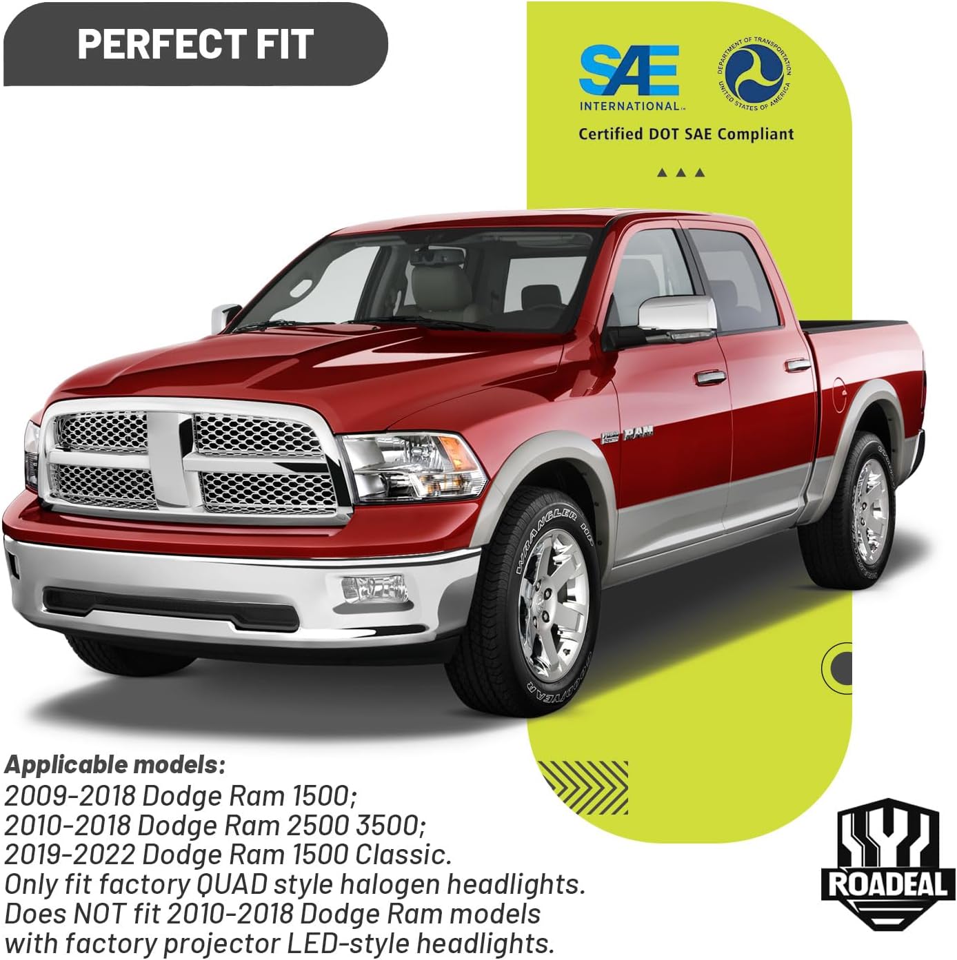 headlights for 2009-2018 dodge ram 1500, for 2010-2018 dodge ram 2500 3500 with high/low beam bulbs, driver & passenger side(only fit quad-hole single headlight) a/chrome housing amber reflector clear lens oe replacement