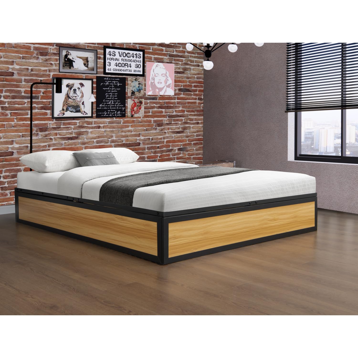 Lit Coffre Industriel JERSEY 140x190 cm Bois et Métal Sommier 24 Lattes