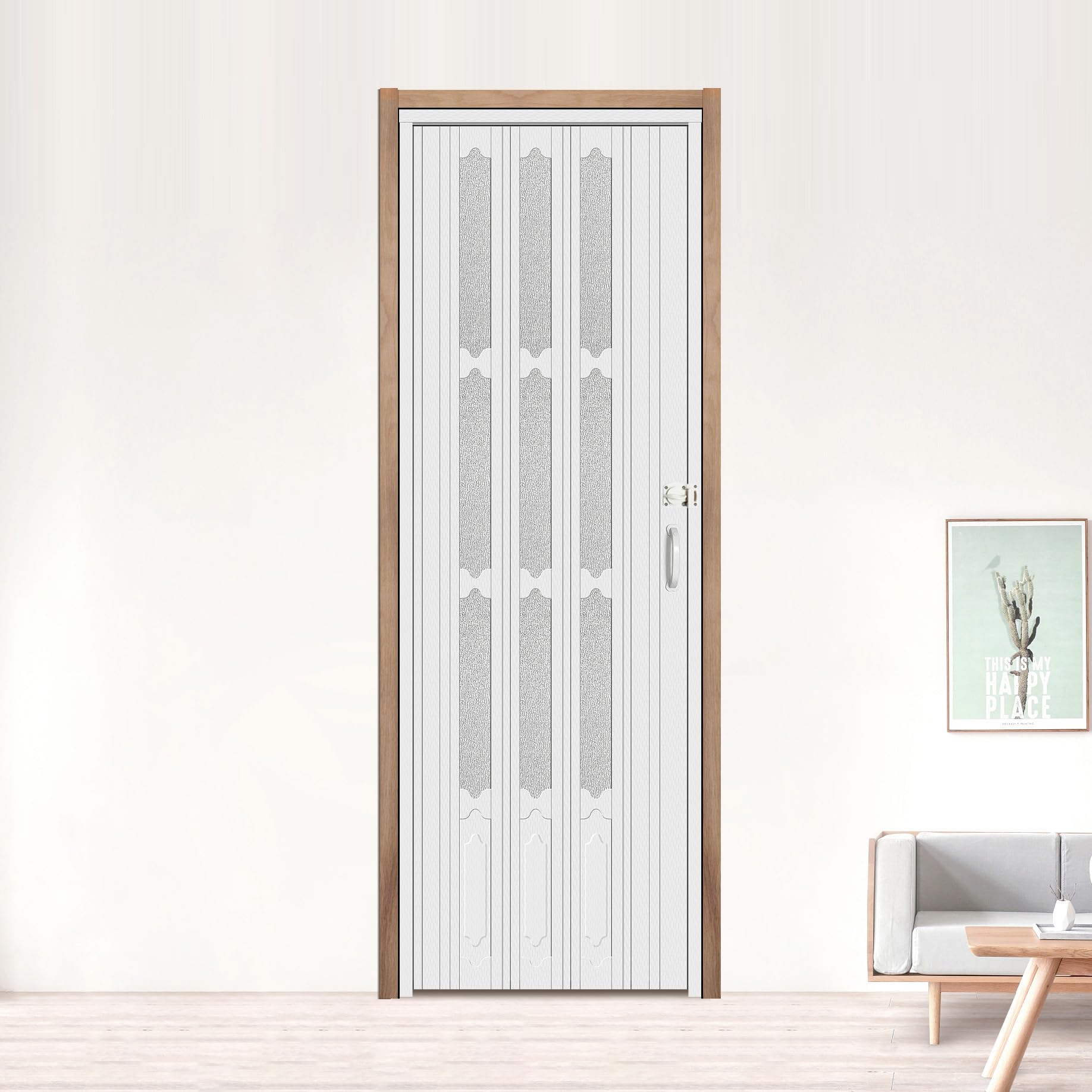 DIYHD 30x80in White PVC Folding Accordion Door Set with Frosted Acrylic Glass, Installation Hardware, Handle and Lock, Ready for Installation