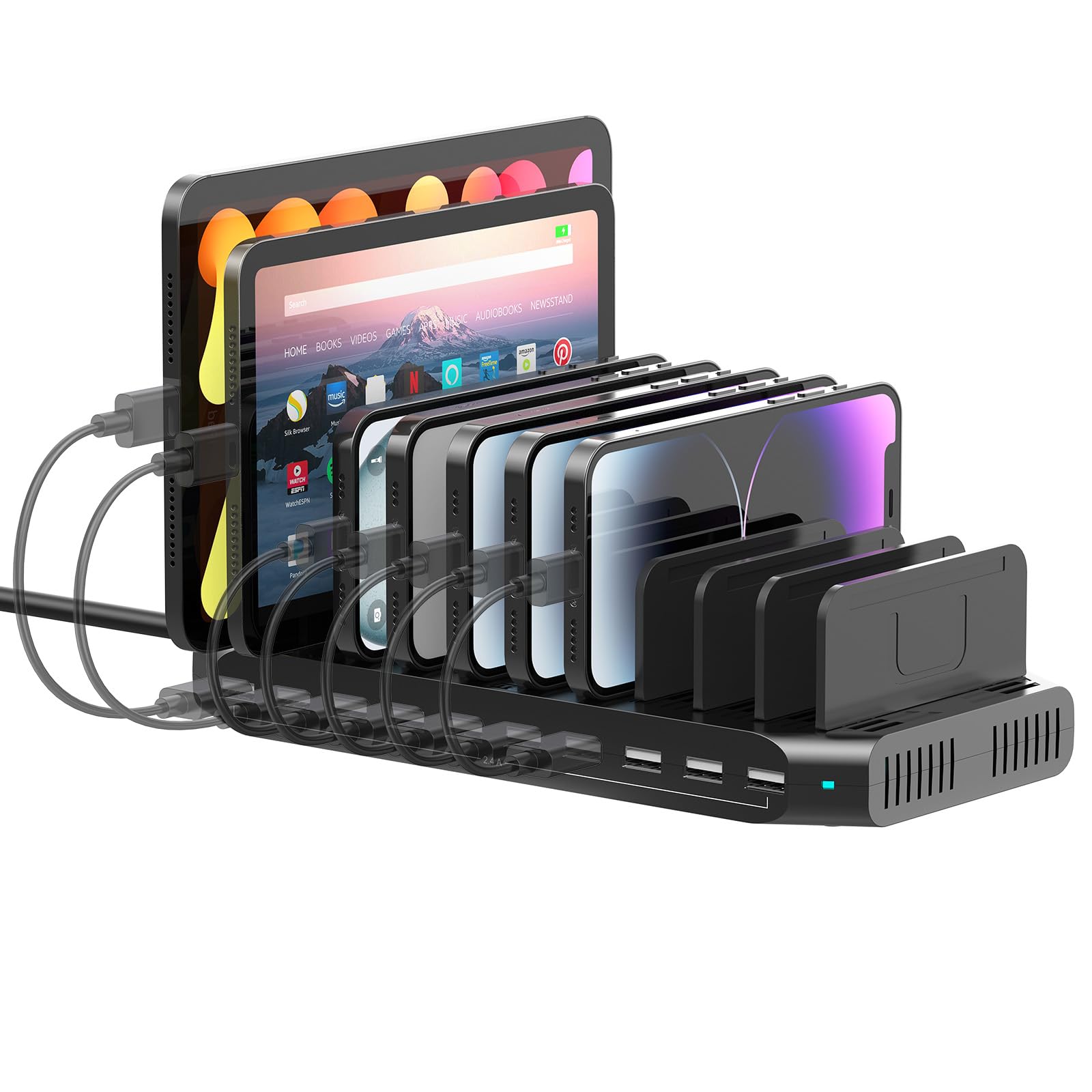 SUIDEK Stazione Di Ricarica Multipla A 10 Porte, Caricatore USB Da 60 W Per Più Dispositivi Con Divisori Regolabili, Compatibile Con Tablet, Smartphone